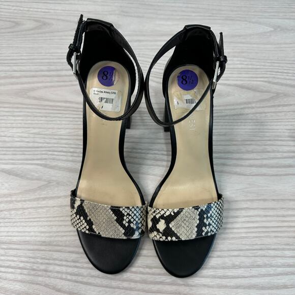 Nine West Sandals WMNS 8.5M Black Silver Snake Print Leather Ankle Strap Heeled - Picture 9 of 9